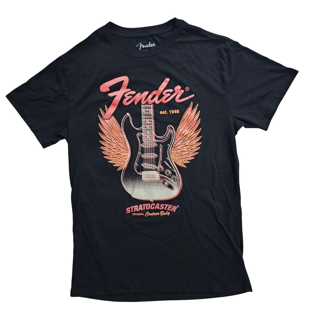 Fender Stratocaster Mens M Black Graphic Tee Winged Guitar Rock‎ Style